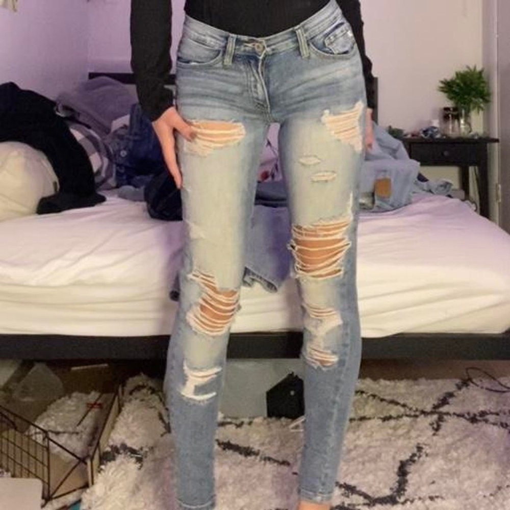 Mid Rise Faded Ripped/Distressed Light Wash Jeggings - Picture 2 of 3